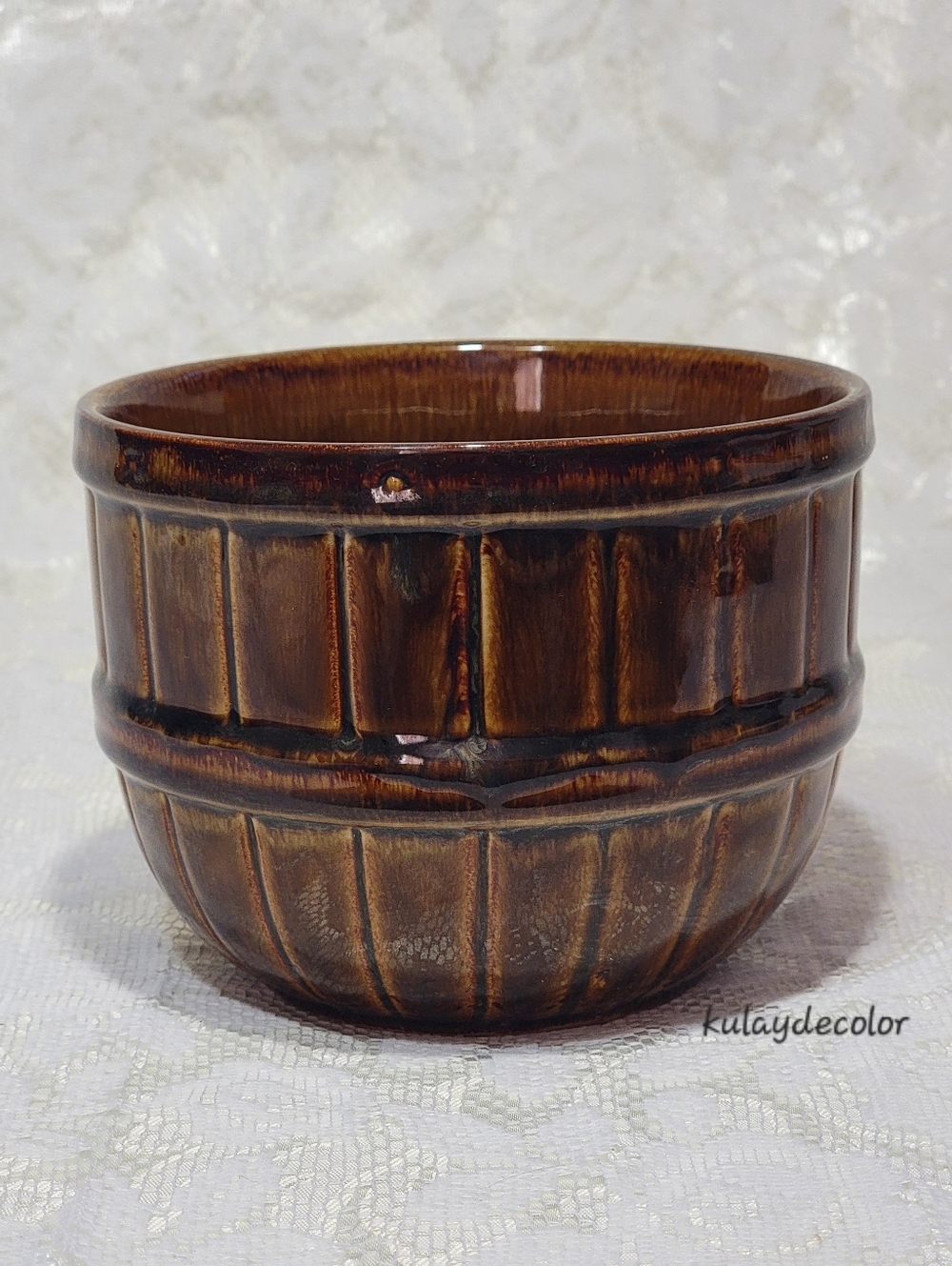 Brown Drip Glaze Ceramic Planter Barrel Pot Rustic Boho Ribbed w/ Drain Hole